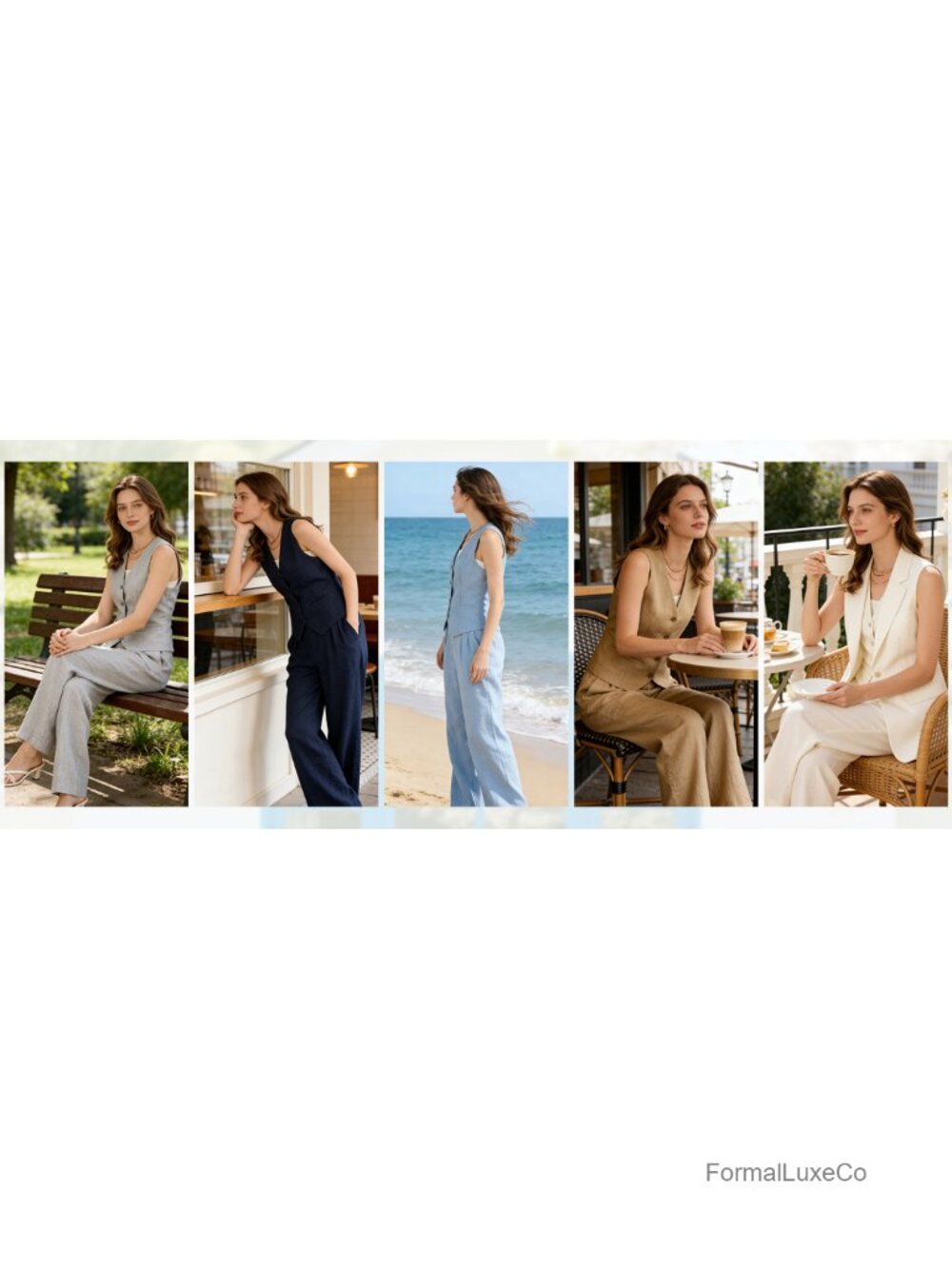 Women's 2-Piece Linen Pant Suit Vest Set Wide Leg Sleeveless Business - Picture 5 of 5